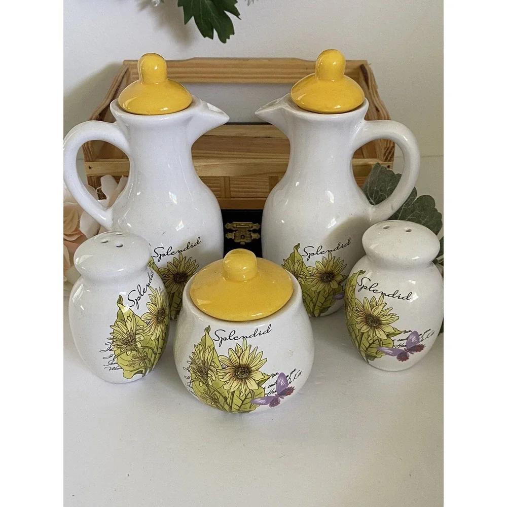 Vintage‎ Ceramic Sunflowers Salt Pepper Vinegar Oil Set Cruet Set Wooden Caddy